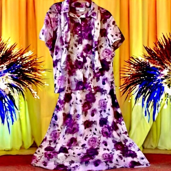 Dressbarn Vintage 90's OUTFIT Floral Skirt + Blouse Jacket + Scarf - Picture 3 of 12